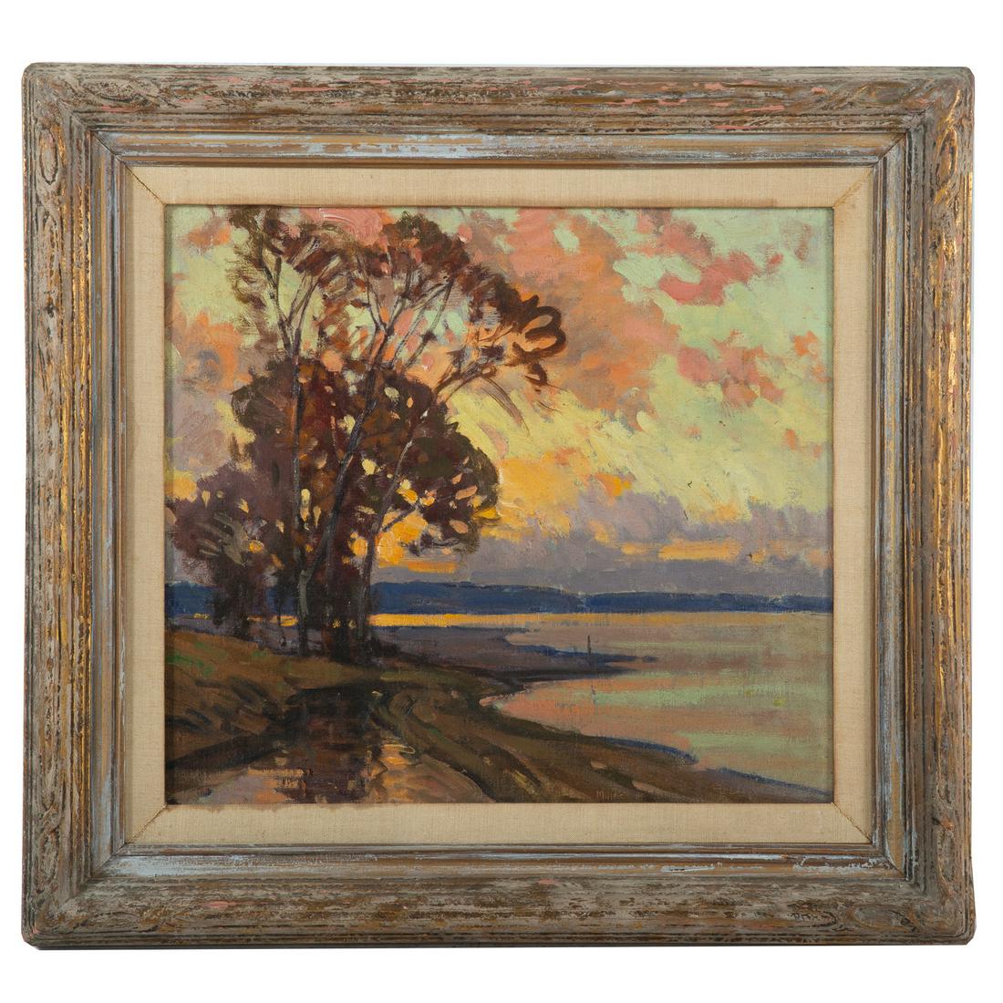 American School. Along The Lakeshore At Sunset: Circa 1930. Oil on canvas, 18 x 20 in., framed.