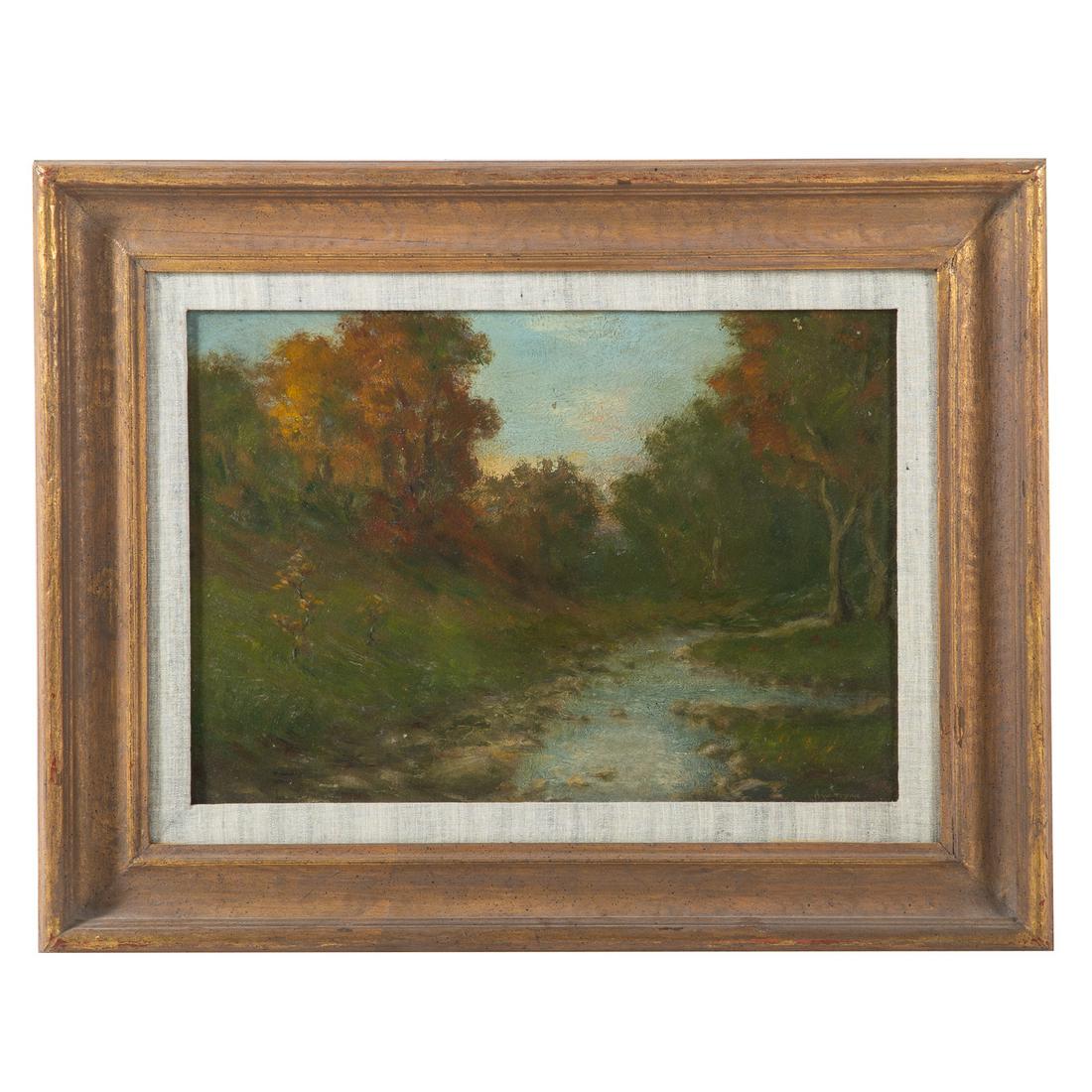 Dwight William Tryon. Autumnal Landscape: (American, 1849-1925). Oil on board, signed "D.W. Tryon" lr, 14 x 20 in., framed.