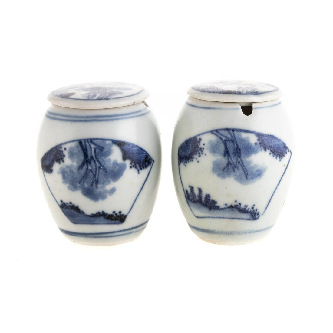 Pair of Chinese Export Blue and White Covered Jarlets (1 of 7)