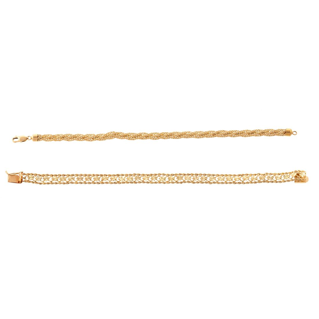 A Pair of 14K Rope Link Bracelets: 1) 14K yellow gold twisted rope link bracelet with lobster clasp, 7.75 in. L and 2) 14K yellow gold bracelet with rope outer edge, hidden box clasp with safety latch, 7.5 in. L, 13.6 grams tw The esta