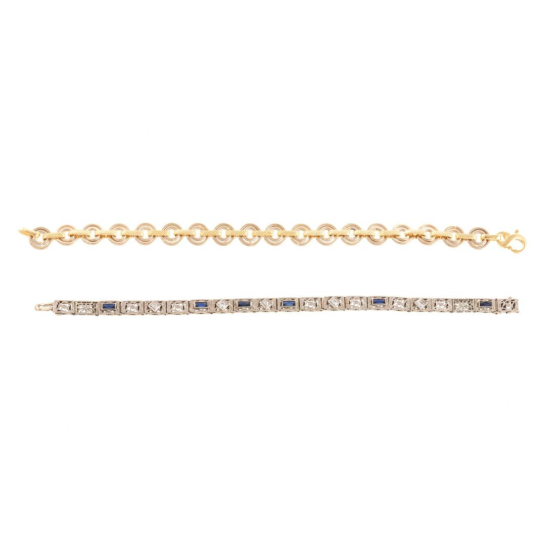 A Pair of Link Bracelets in Gold: 1) 18K yellow gold Italian round circle link bracelets with lobster clasp, 7.5 in. L, and 2) 14K white gold Art Deco filigree bracelet with sapphires and diamonds, 7 in. L, 16.9 grams tw The estate of