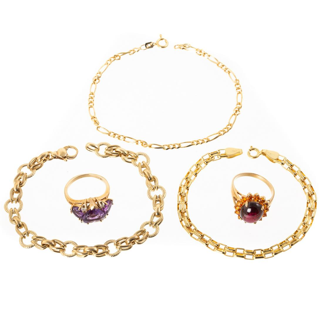 A Trio of 14K Link Bracelets with Gemstone Rings: 1) 14K yellow gold Italian round link bracelet with lobster clasp, 7.5 in. L, 2) 14K yellow gold Italian link bracelet, 7 in. L, 3) 18K yellow gold Italian figaro link bracelet, 4) 14K yellow gold hea