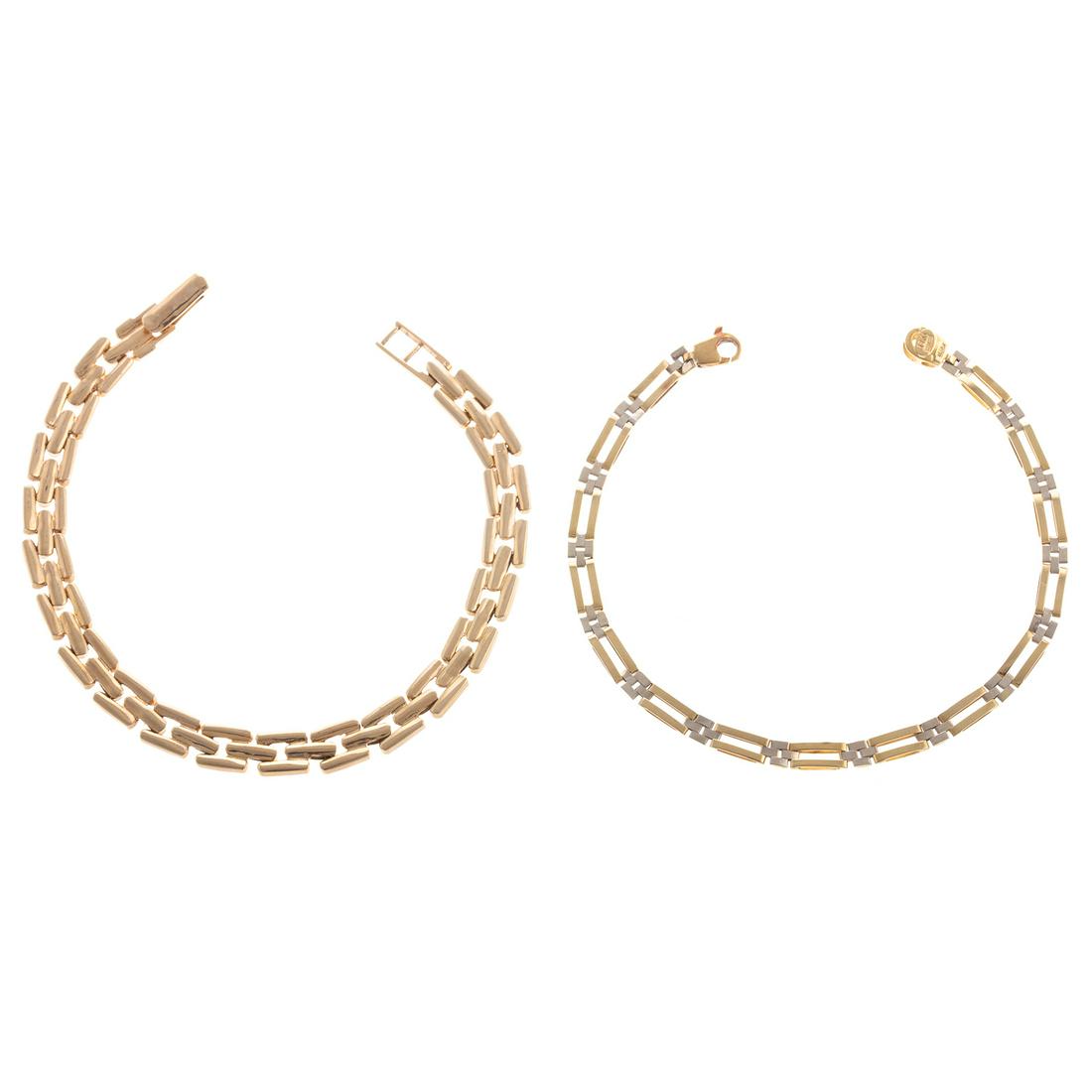 A Pair of Panther Link Bracelets in Gold: 1) 14K yellow gold triple panther link bracelet with fold over clasp, 7.5 in. L and 2) 18K yellow and white gold rectangular panther link bracelet made in Italy, lobster clasp, 7.25 in. L, 17.5 grams