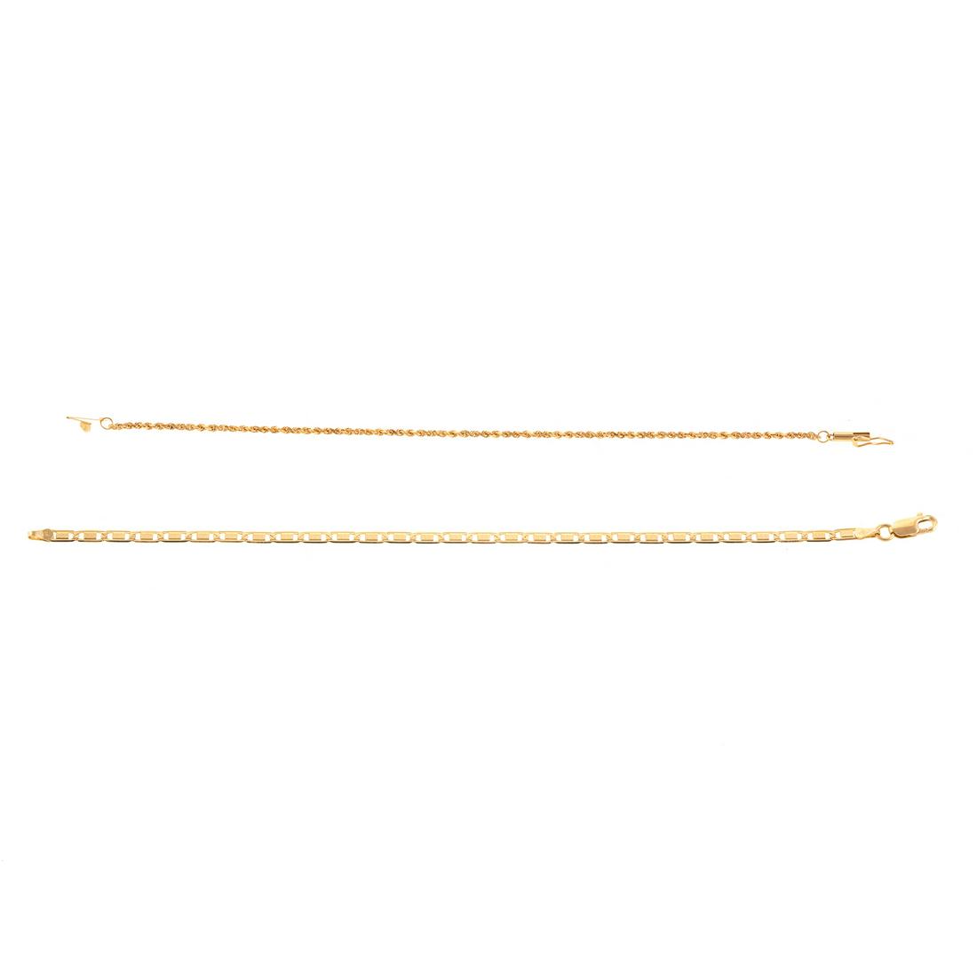 A Pair of 18K Link Chain Bracelets: 1) 18K yellow gold open link bracelet with lobster clasp, 8.25 in. L, and 2) 18K yellow gold rope chain bracelet, 7 in. L, 6.9 grams tw The estate of Gloria Corn, Washington, DC