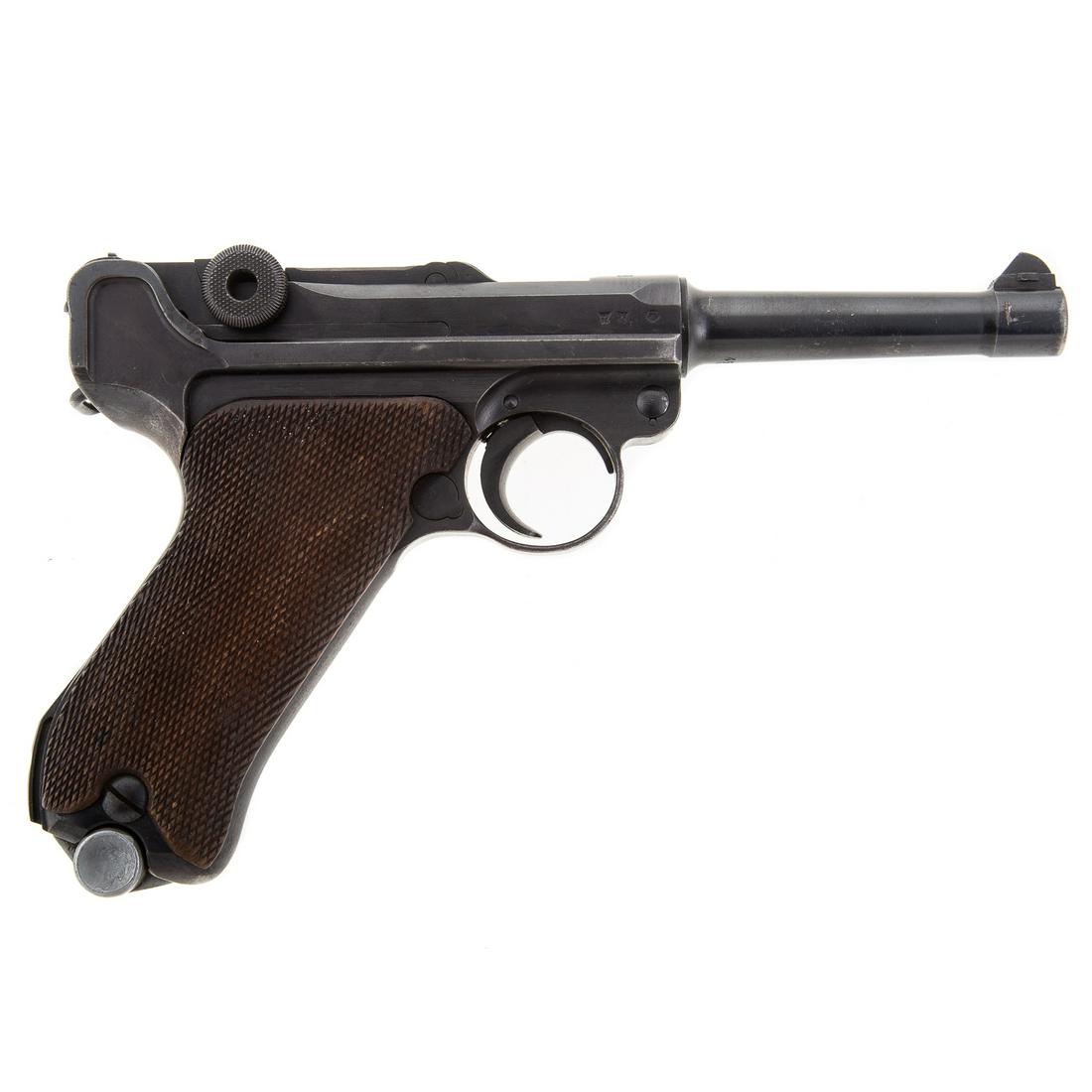 WW II German Luger Semi-Auto Pistol: Dated 1938, production code s/42, Mauser proof marks, serial #4650 and marked 50 in 8 other places. Functions.