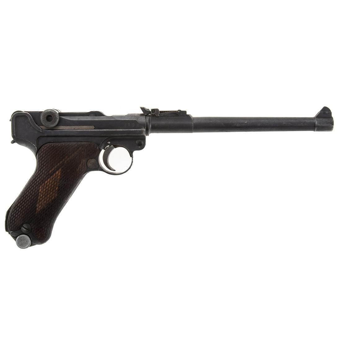 Imperial German Artillery Luger: DWM production, marked 1917, serial # 121 and marked 21 in 6 other places, multiple proof marks, adjustable rear sight, 7 3/4" barrel, Maltese cross on one side of grip, functions.