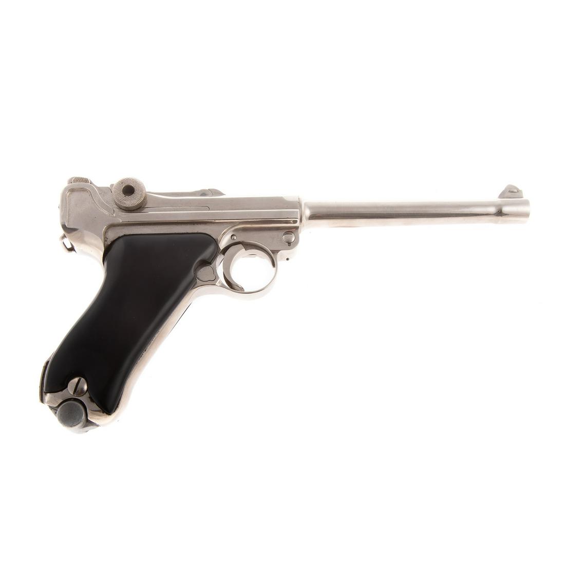 Imperial German Dwm Production Luger: Marked 1917, post war plating and replaced grips Several proof marks, 6" barrel, functions.