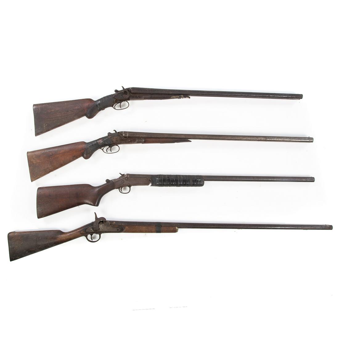 Two Percussion & One Break Action Shotguns &: One Wm. Mason 1864 percussion long gun, H & R Topper M48, Hanover Arms double barrel percussion and Enterprise Arms double barrel percussion.