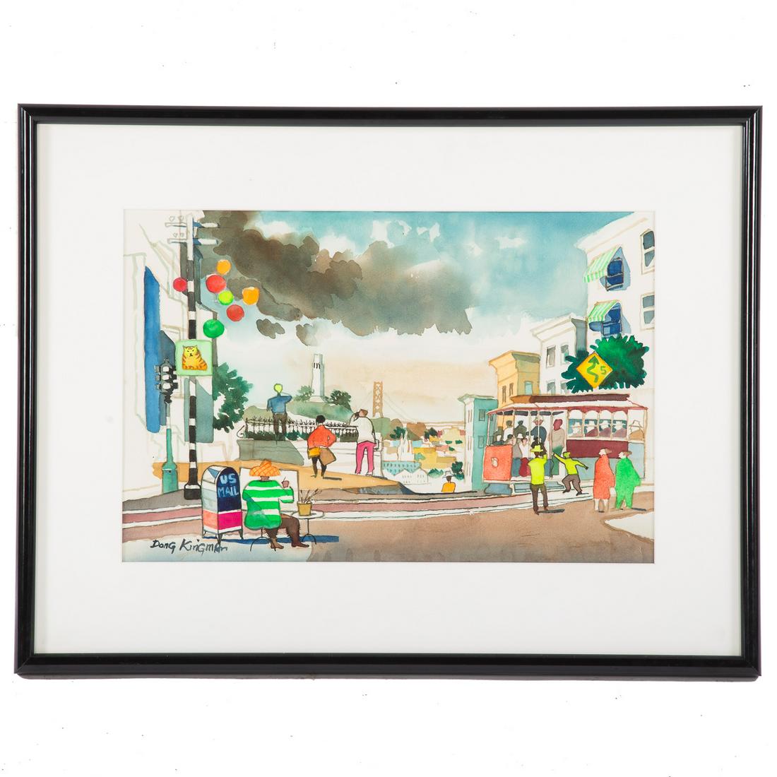 Dong Moy Chu Kingman. View of San Francisco: (Chinese/American, 1911-2000). Watercolor on paper, signed "Dong Kingman" ll, sight size: 14 1/4 x 23 3/4 in., framed. Harmon-Meek Gallery, Naples, FL, label and auxiliary documentation affixed on ver