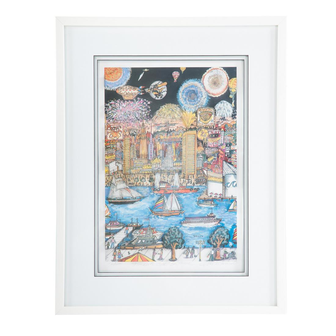 Charles Fazzino. "Fireworks Over Baltimore": (American, b. 1955). 3-D lithographic collage, ed. 182/475, pencil signed "Charles Fazzino" lr, titled lc, 13 3/4 x 9 1/4 in., framed. Renaissance Fine Art label on verso.