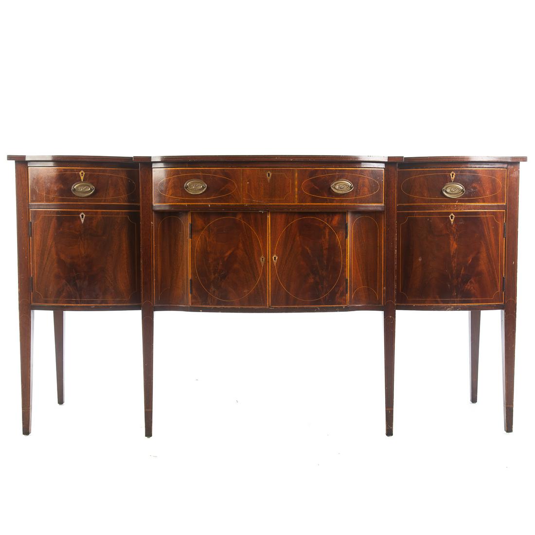 Federal Style Inlaid Mahogany Sideboard: Shaped front, with stinger and kite inlay, 39 in. H., 71 in. W., 25 in. D.