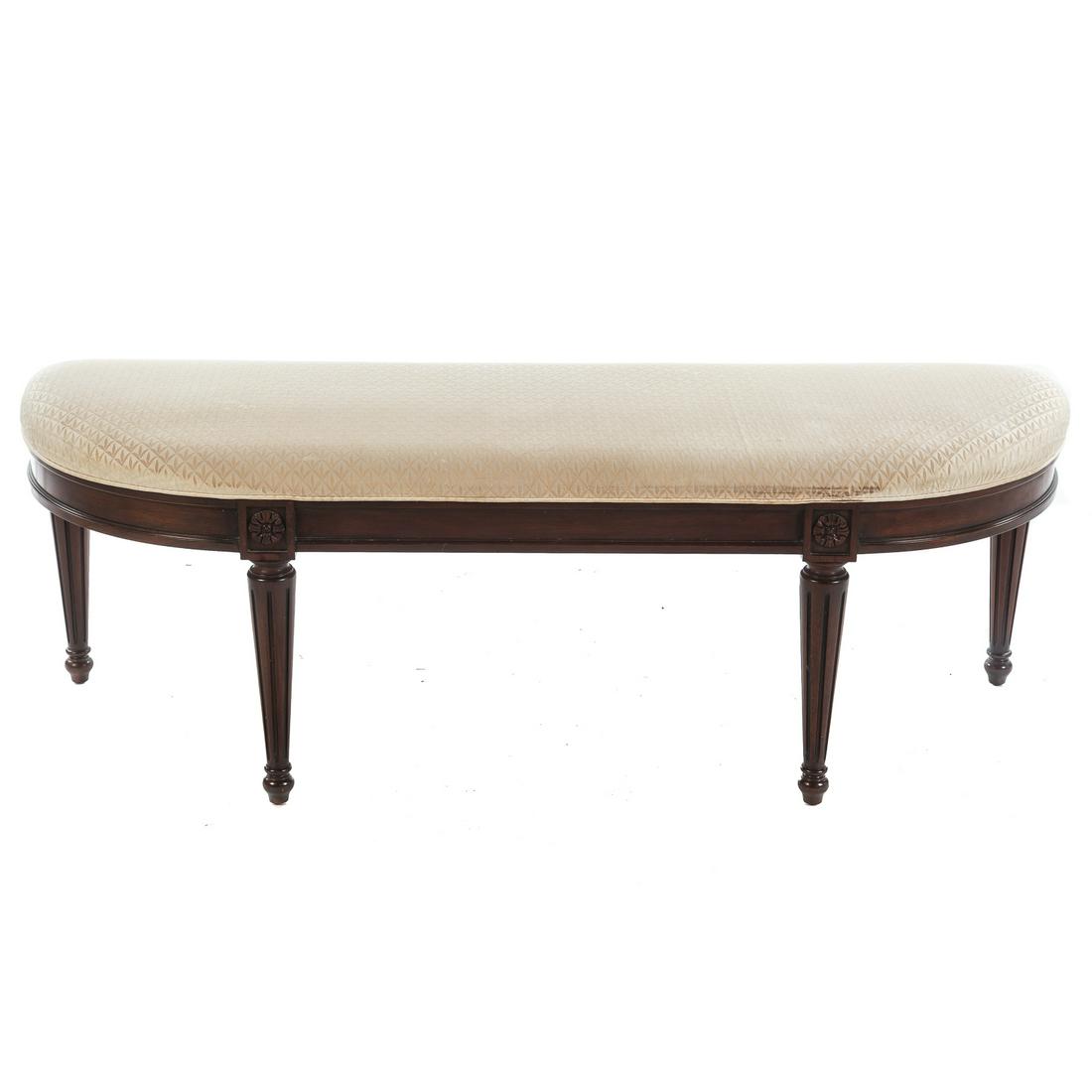 Henkel Harris Mahogany Upholstered Bench: Circa 2000; mahogany upholstered bench with Sheraton style legs, with original off-white upholstery, 19.5 in. H., 57 in. W., 18.5 in D.