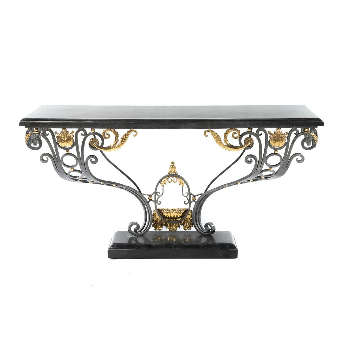Maitland Smith Marble Top Console Table: Wall-mounted console table, with elaborate metal and gilded frame, 32.5 in. H., 60 in. W., 19 in. D.
