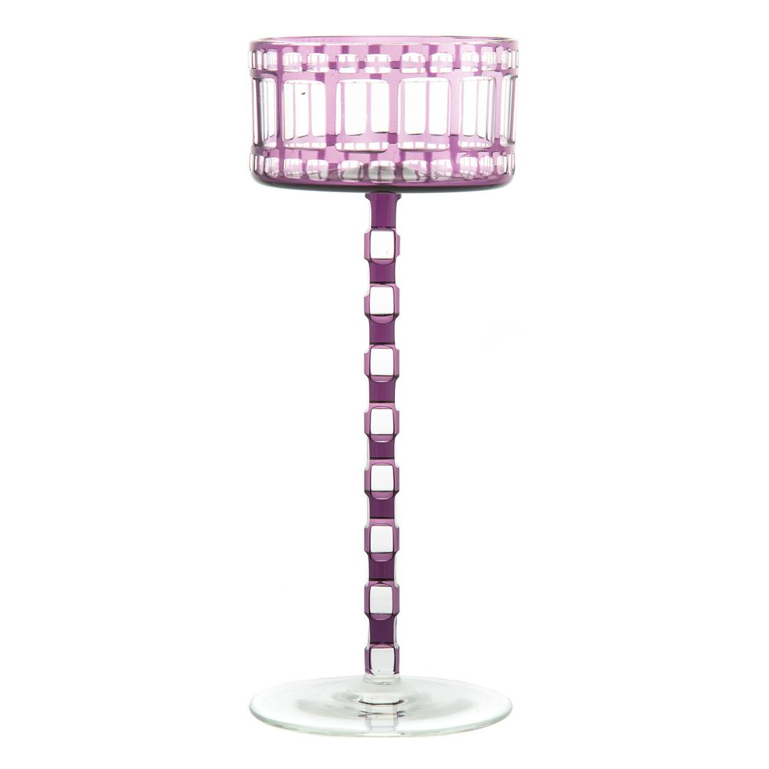 Vienna Secessionist Wine Glass by Otto Prutscher: Circa 1905-15; stylized amethyst overlay cut to clear wine stem with cylindrical bowl and chain link stem on circular base, by Meyrs Neff, designed by Otto Prutscher (Austrian, 1880-1949), 8 1/4 H., 3