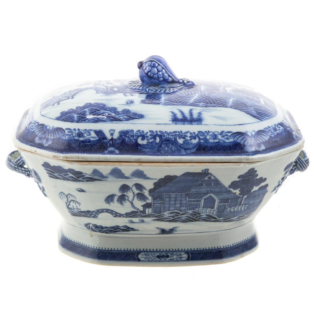 Chinese Export Soup Tureen, Log Cabin Pattern: Circa 1780; blue and white structure on river bank decoration, double strap handles, true Fitzhugh border, 8 1/2 in. H., 13 in. W. For similar example see China For the West, vol. II D.S. Howard. From