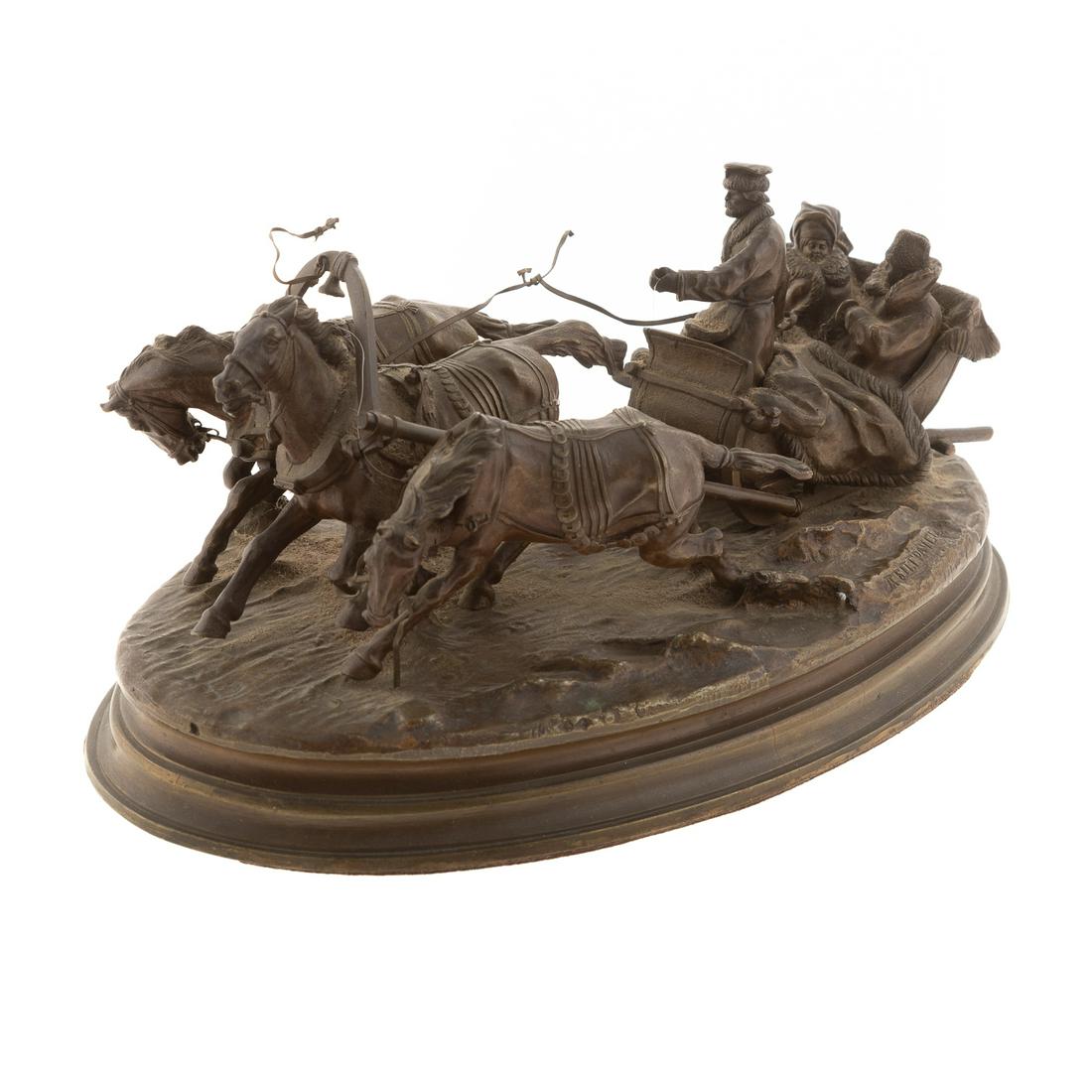 Vassili Yacovlevich Grachev. Bronze Troika: Signed on base in Cyrillic "LBP GRACHEV" and with the foundry mark "FABR. C. F. WOERFFEL, ST. PETERSBURG," 4 1/2 in. H., 10 1/2 in. L., 6 1/2 in. D.