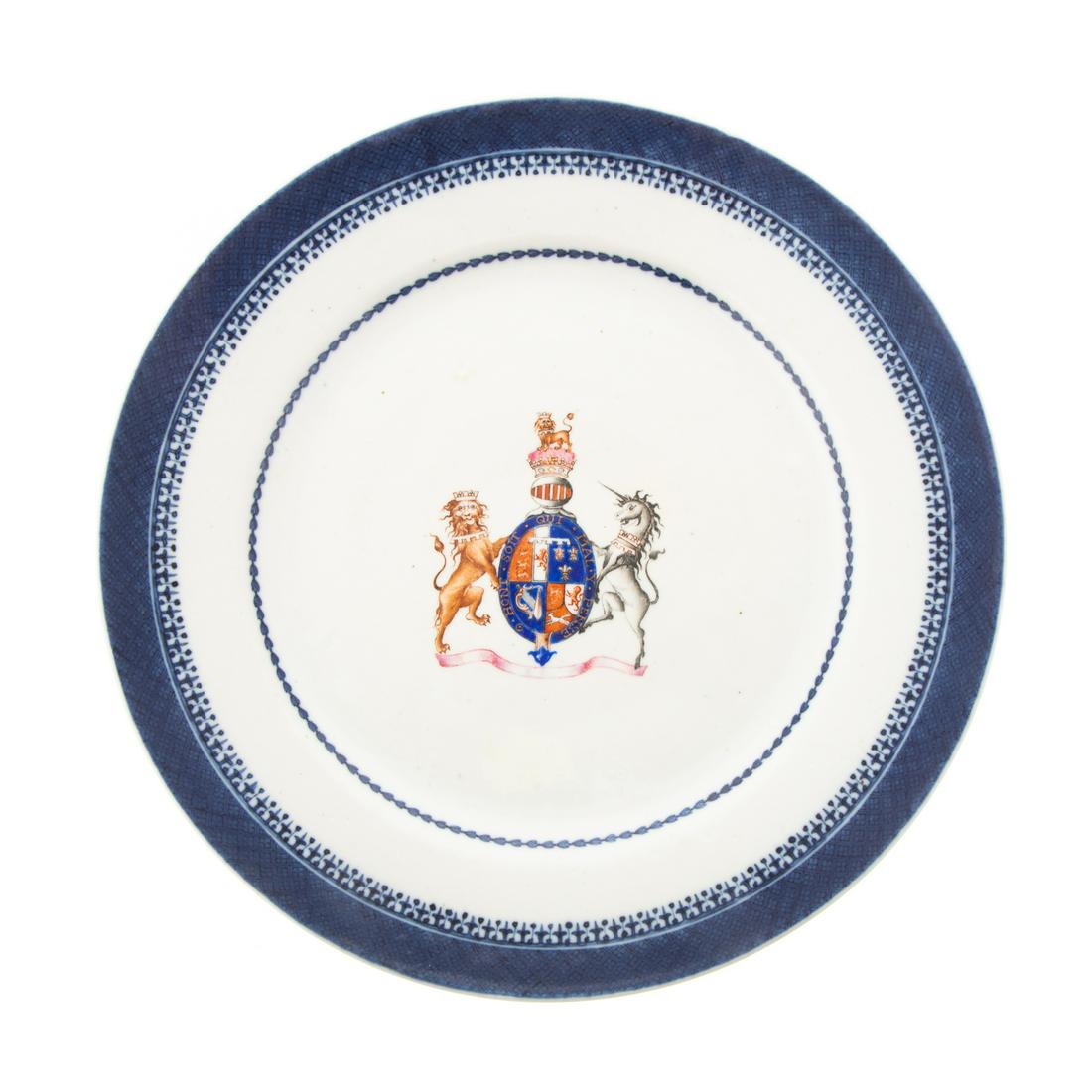 Chinese Armorial Porcelain Plate: Circa 1795; bearing the "Arms of George, Prince of Wales," who later became George IV of England (1820-30), 9 3/4 in. Diam. From the collection of Philip S. Dubey, noted Asian scholar and antiquarian.