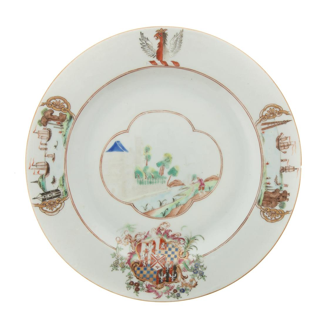 Chinese Export Armorial Plate: Circa 1750; bearing the "Arms of Cooke," 9 in. Diam. See Chinese Armorial Porcelain by D.S. Howard. From the collection of Philip S. Dubey, noted Asian scholar and antiquarian.