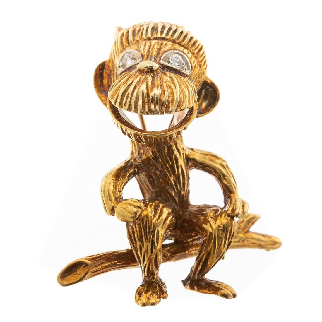 A Whimsical Monkey Pin with Diamond Eyes in 18K (1 of 5)