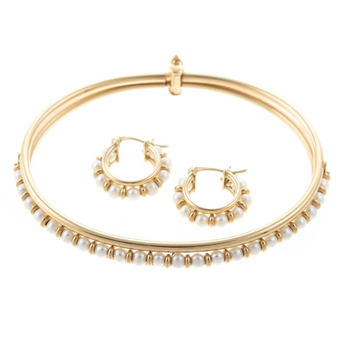 A Pearl Bangle & Matching Hoop Earring in 14K (1 of 5)
