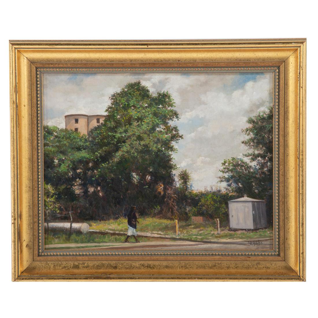 Nathaniel Gibbs."Strolling Across Railroad Tracks": (American, 1933-2018). Oil on board, signed "N.K. Gibbs" lr, titled on verso, 14 x 18 in., framed. The Estate of artist Nathaniel Kato Gibbs, Baltimore, MD.