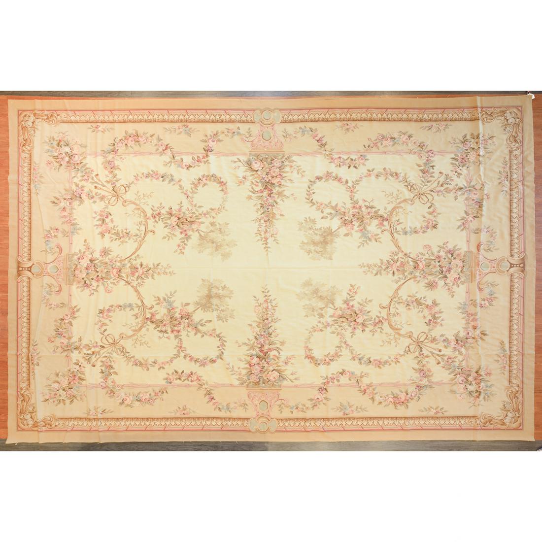 Aubusson Carpet, India, 12.3 x 18.3: Modern; hand-woven, wool pile on cotton foundation.
