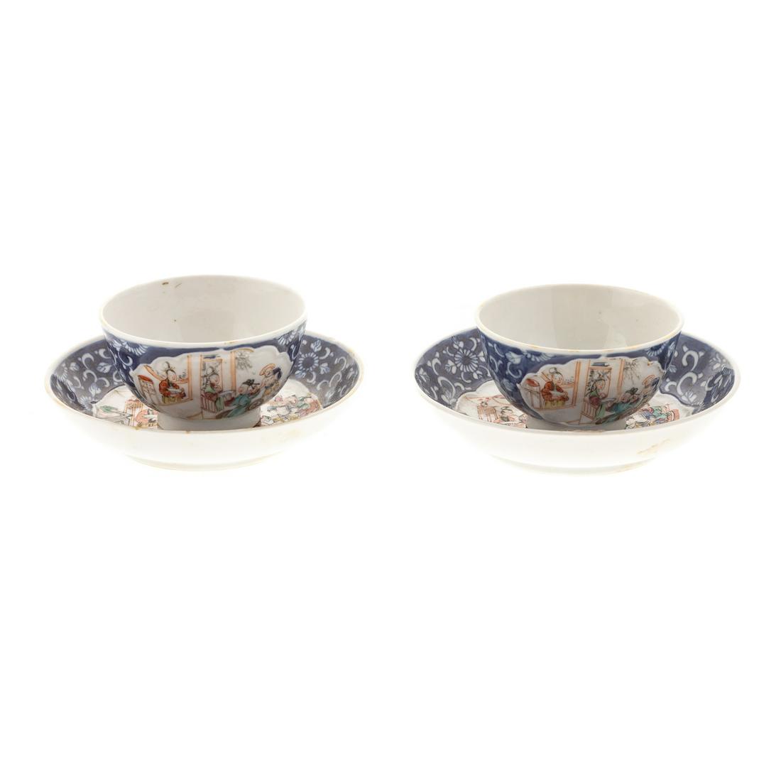 Pair Chinese Export Mandarin Tea Bowls & Saucers (1 of 7)