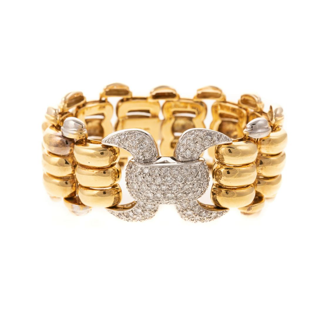 A 18K Italian Aldo Wide Link Diamond Pave Bracelet: 18K yellow gold Italian wide link bracelet by Aldo, high polish links with very fine well matched full cut diamonds weighing approx. 4.50ctw pave set in center, hidden box clasp, matches Lot # 108, 1 