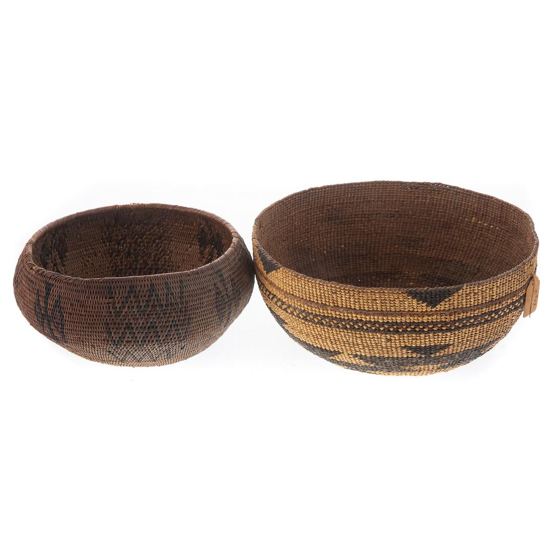 Two Native American Woven Baskets: circa 1920s - 30s; Hopi basket with stylized geometric decoration, 7 1/4 in. Diam. and Plains Tribe basket, 5 1/4 in. Diam. From the Estate of Philip Dubey.