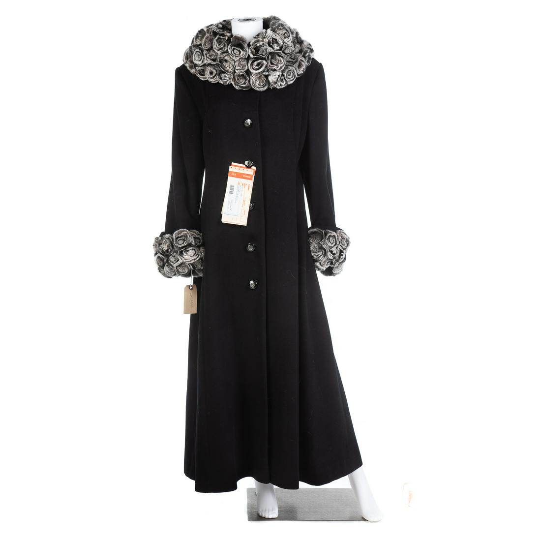 A Black Cashmere Coat with Chinchilla Trim: By Anastasia Di Salvio, full length, extra large.