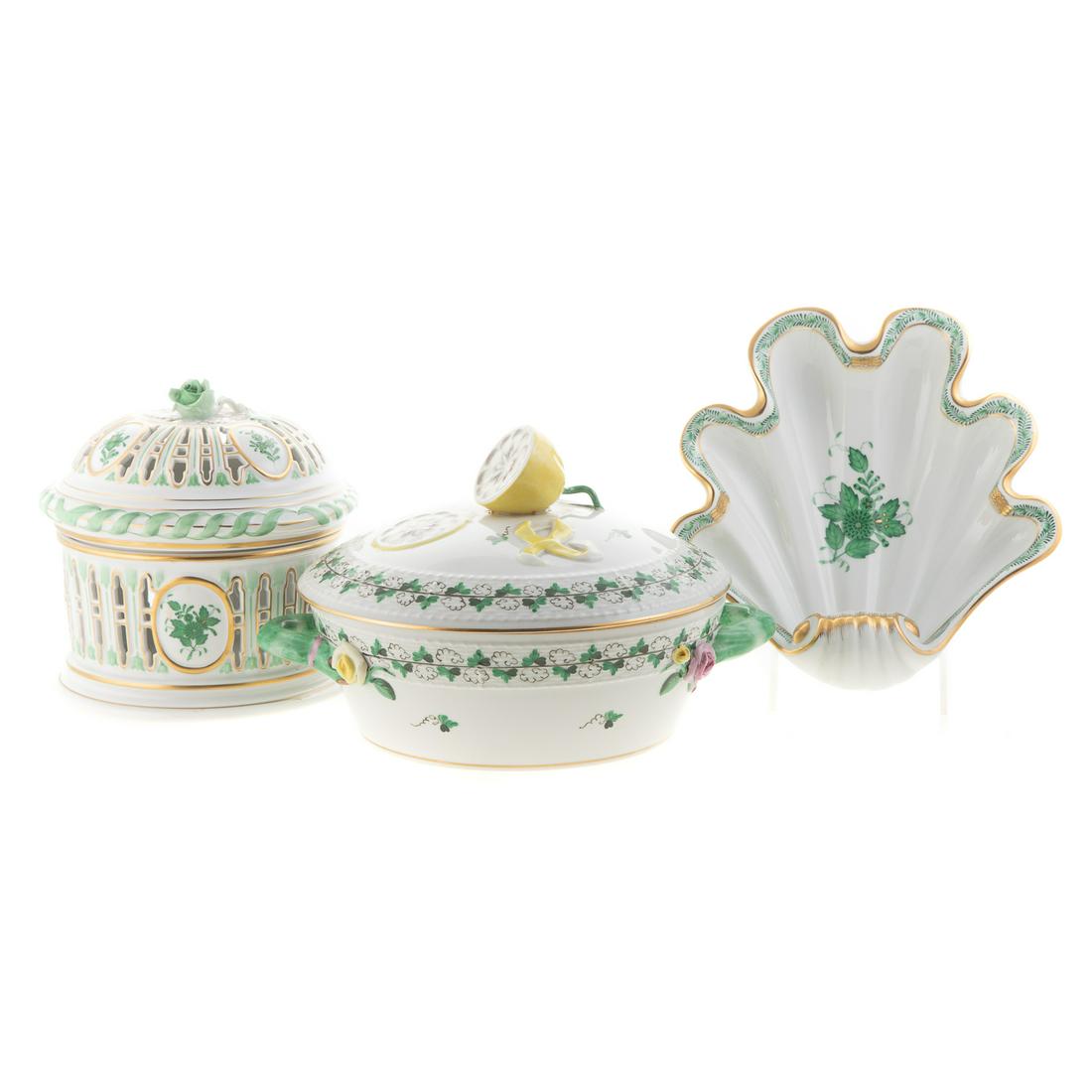 Three Herend Porcelain Table Articles: Includes: Green Chinese Bouquet shell dish, 8 1/2 in. L., and Bonbonniere, 7 in. H., 6 3/4 in. Diam. and Grape vine pattern covered serving dish, with cut lemon knop, 11 in. Diam.