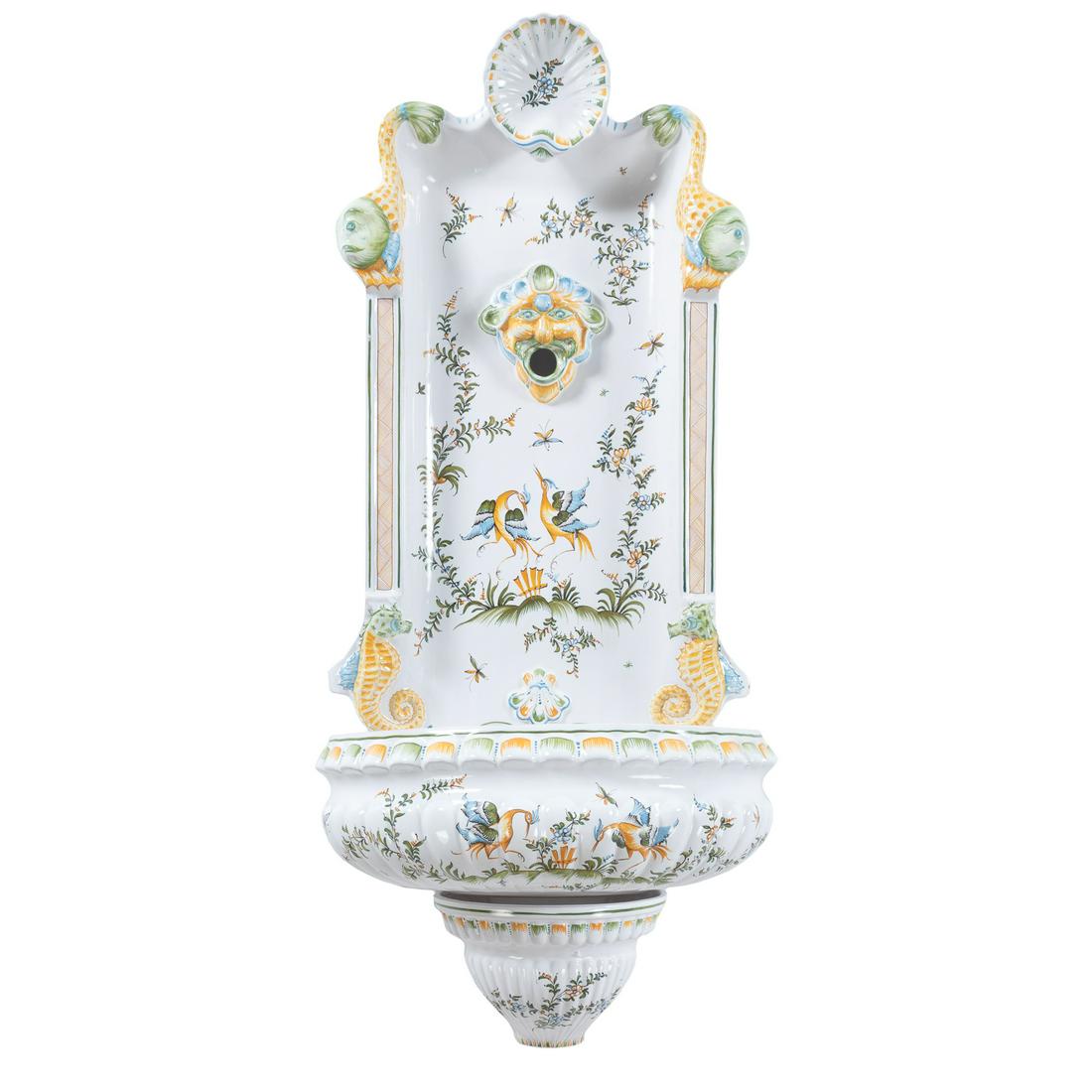 French Faience Wall Lavabo: Floral and bird decoration.