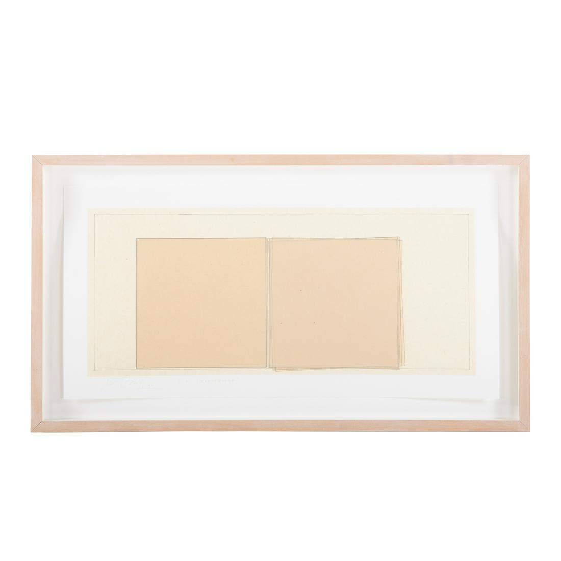 Jill Baroff. "Stacked Pair Study 3:5," drawing: "Stacked Pair Study 3:5 (Earthquake)" (American, b. 1954). Blue transfer drawing on gampi mounted on rag, 2000, pencil signed and dated "Jill Baroff" ll, titled lc, sheet size: 10 x 19 in., framed. Fr