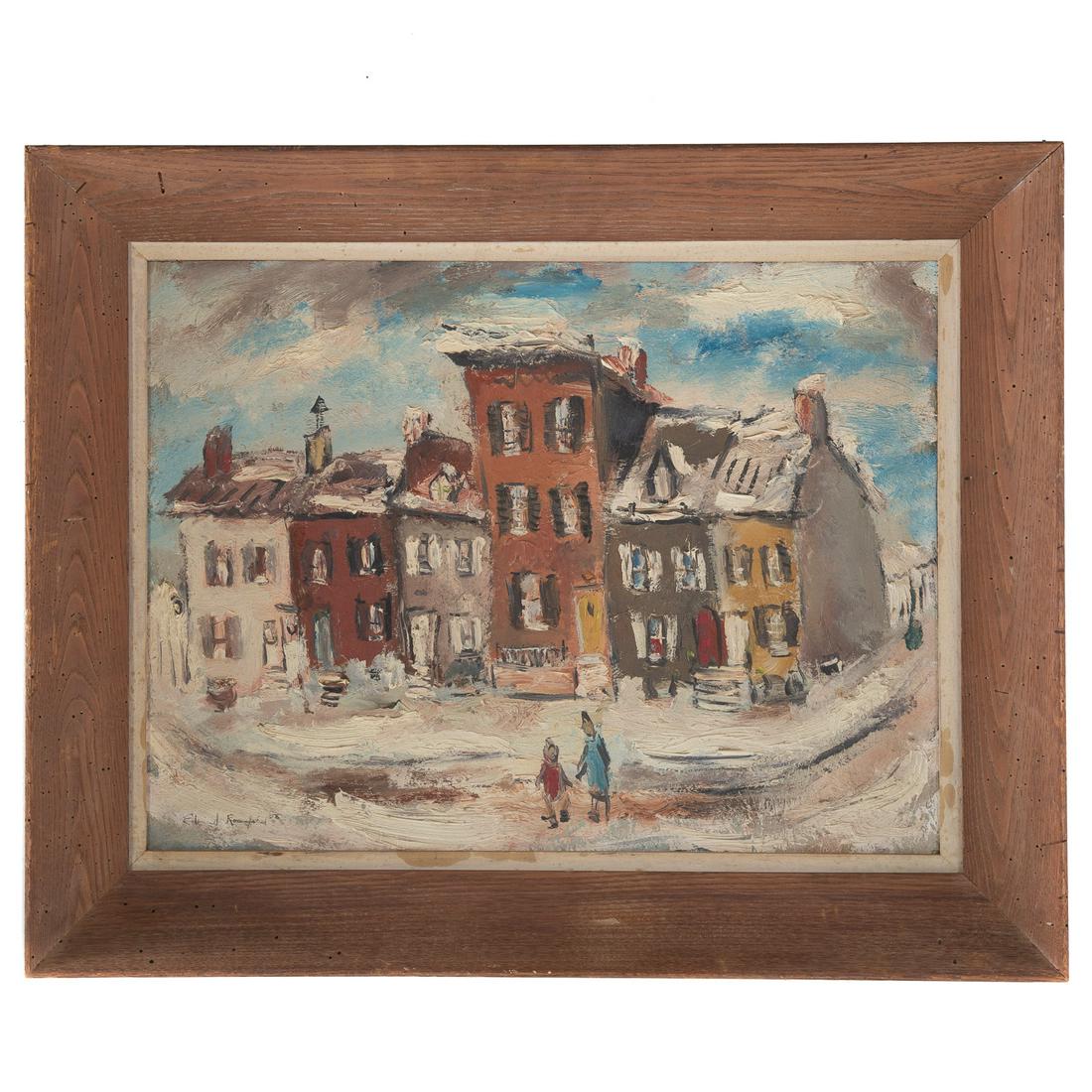 Edward Rosenfeld. Baltimore Street Scene, oil: (American, 1906-1983). Oil on board, signed and dated "Edward Rosenfeld, '58" ll, 18 x 24 in., framed.