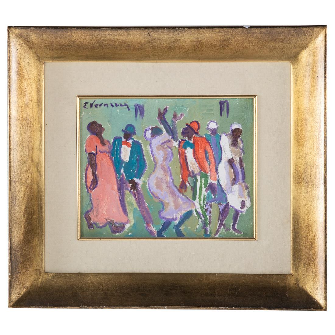 Eduardo Vernazza. Celebrating Dancers, oil: (Latin American, 1910 - 1991). Oil on board, signed "E. Vernazza" ul, 8 x 9 3/4 in., framed. Galeria Latina, Montevideo, Uruguay label on verso.