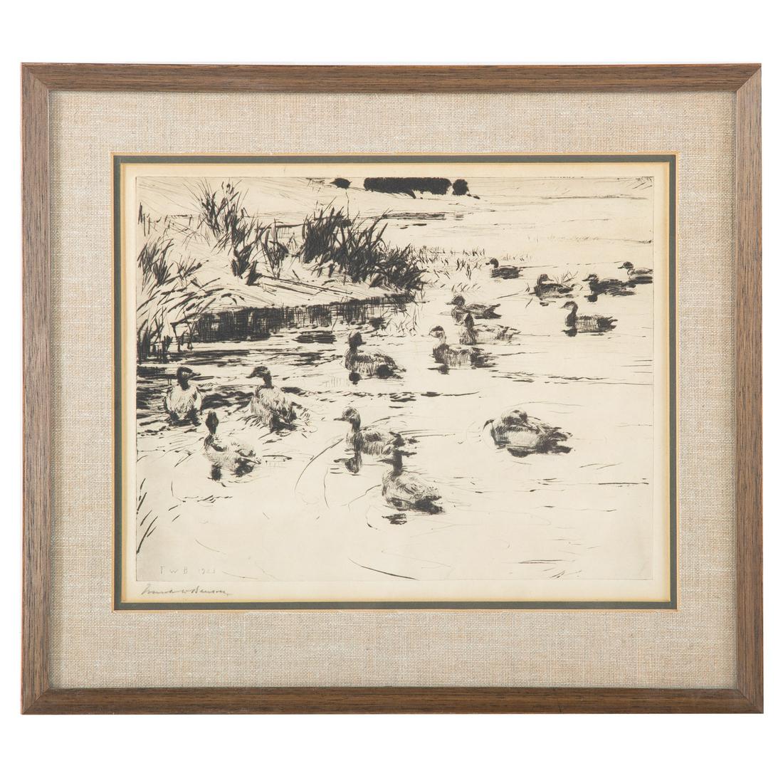 Frank Weston Benson. "Ducks at Play," etching: (American, 1862-1951). 1923, pencil signed "Frank W. Benson" ll, plate size: 10 3/4 x 13 3/4 in., framed. David Bendann's Fine Art Rooms, Baltimore, MD., label on verso.