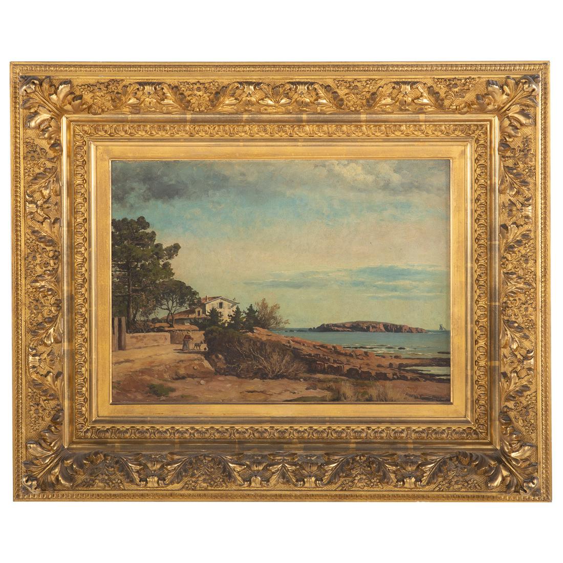 Continental School, 19th c. Landscape, oil: Oil on canvas, monogrammed "D" ll, written in pencil on stretcher on verso "Saint-Raphael [illegible] Mediterrean, House in which C [Charles] Gounod lived when he [composed?] Opera of Faust," 13 x 18 