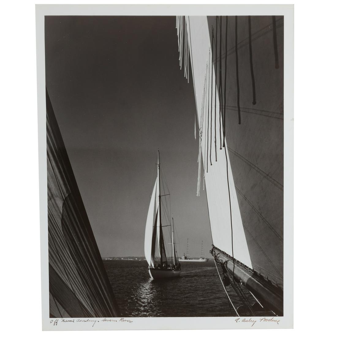 A. Aubrey Bodine. "Off Naval Academy, Severn River: (American, 1906-1970). Circa 1950, gelatin silver print, signed "A. Aubrey Bodine" lr, titled lr, photographer stamp on verso, 14 x 11 in., unframed.