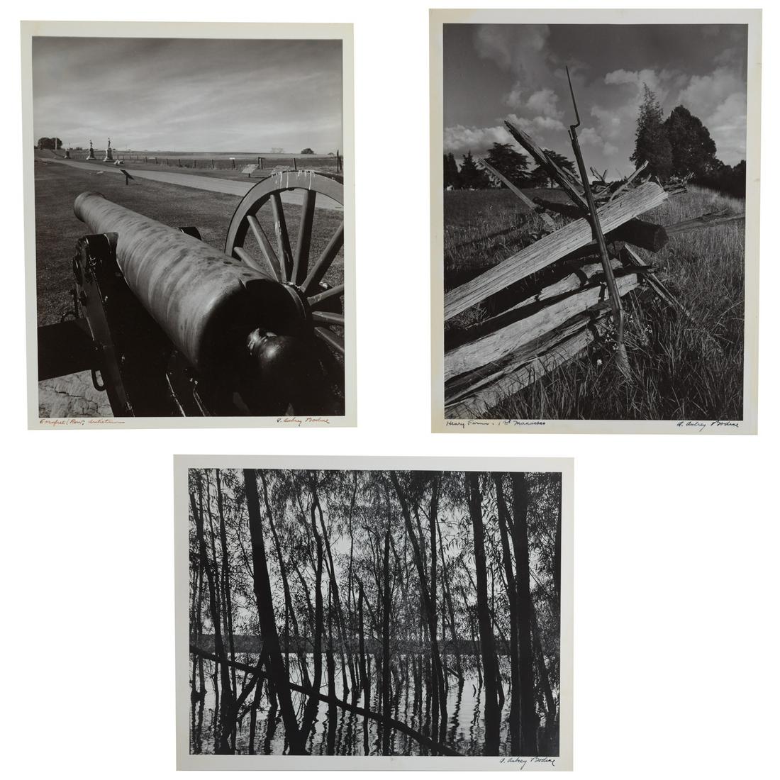 A. Aubrey Bodine. Three Civil War Site Photos: (American, 1906-1970). "Henry Farm-1st Manassas," "Fort Pillow" and "Cornfield Row-Antietam," three gelatin silver prints, each signed "A. Aubrey Bodine" lr, two titled ll, photographer stamps on vers