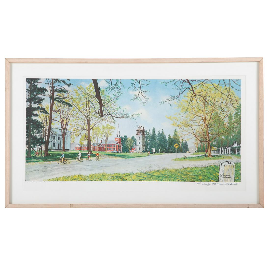 After Norman Rockwell. "Springtime in Stockbridge": (American, 1894-1978). Offset lithograph, hand signed with pen "sincerely, Norman Rockwell" lr, sight size: 16 x 30 3/4 in., framed.