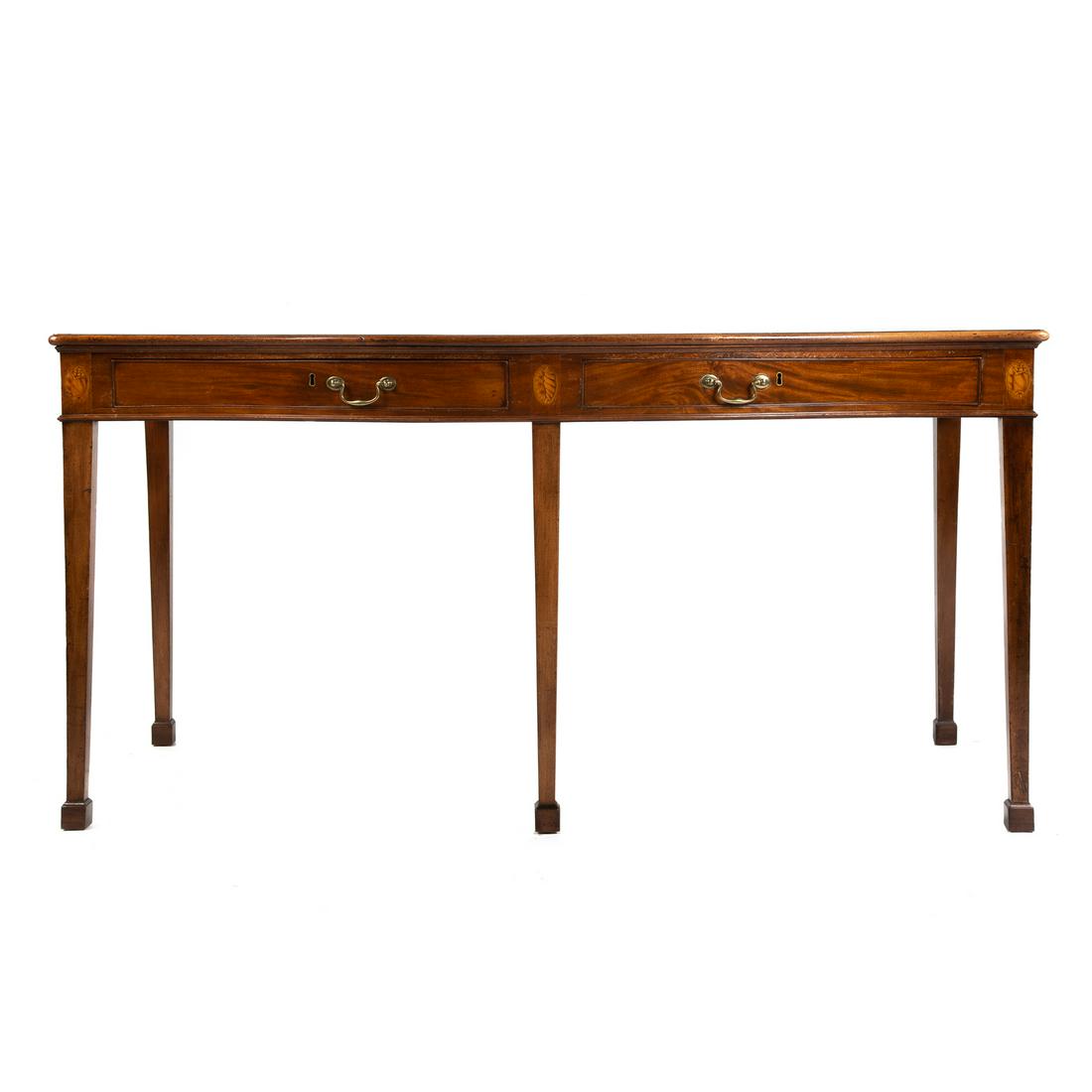 George III Serpentine Front Huntboard: George III inlaid mahogany serpentine front huntboard, with two drawers fitted for flatware, with conch shell and banded inlay, on squared tapered legs, ending in spade feet. 36 in. H., 72 in. W., 30 