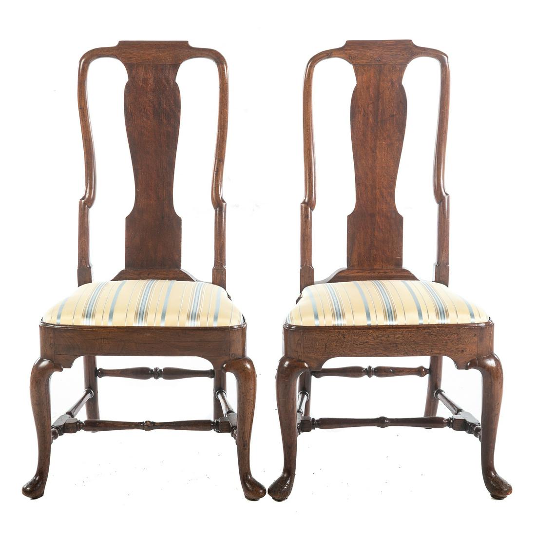 Pair of George II Mahogany Side Chairs: With vasiform splats, turned stretchers, on pad feet with removable upholstered compass seat cushions. 42 in. H., 22 in. W., 22 in. D. From the Estate of a Prominent Baltimore Family.