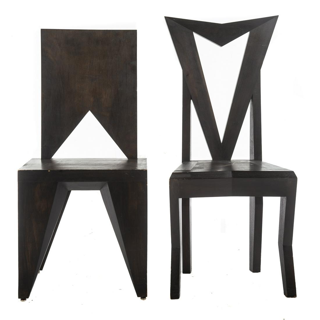 Two Cubist Style Side Chairs: Stained pine side chairs, tallest chair measures 40.5 in. H., 18 in. W., 17 in. D. From the Estate of a Prominent Baltimore Family.