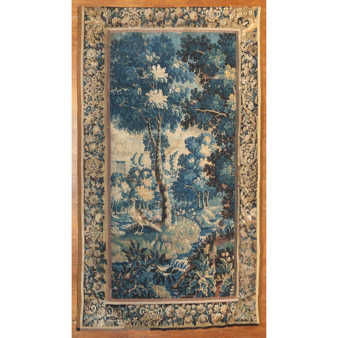 Antique Verdure Tapestry, Netherlands, 5.6 x 8.10: Eighteenth century; hand embroidered, with bird motif. Floral border and tape trim. Linen backing, reinforced loops for hanging. From the Estate of Jkvr. Christine Jacoba Tjarda van Starkenborgh (1924