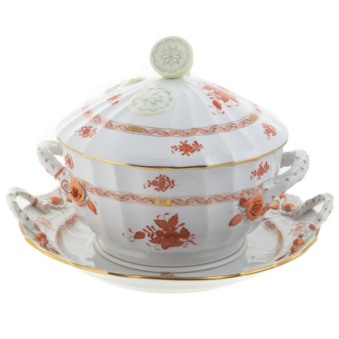 Herend Soup Tureen & Underplate: In the Rust Chinese Bouquet pattern, round paneled tureen with sliced lemon knop, 10 in. H., 12 1/2 in. Diam., with matching double handled underplate, 15 in. Diam.