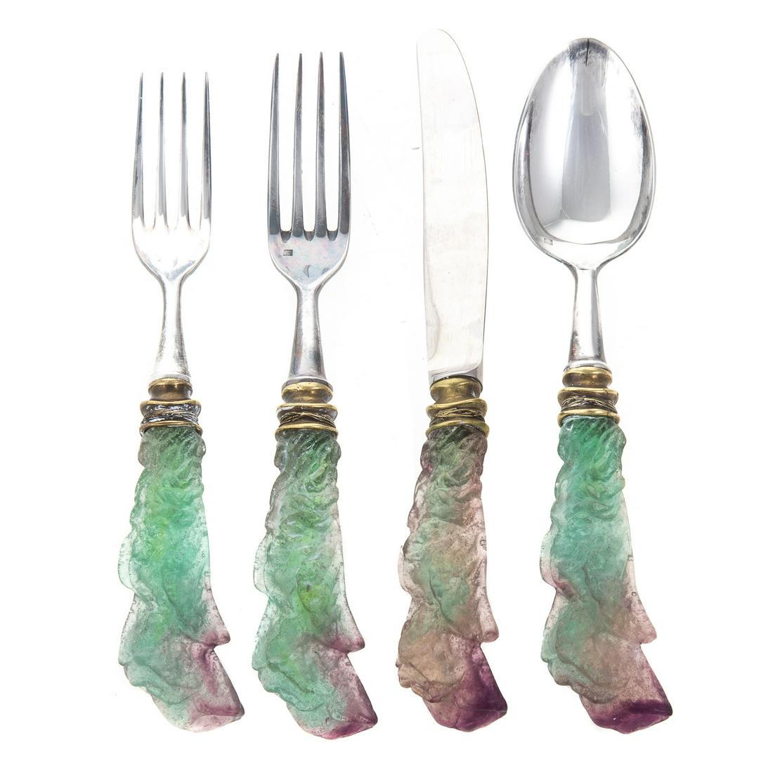 Four Pieces Daum Pate De Verre Handled Flatware: From the Nature Collection, pair forks, butter knife and spoon, with pate de verre handles, brass cuff and silver plate ends, knife, 9 in. L. and other three, 8 in. L.