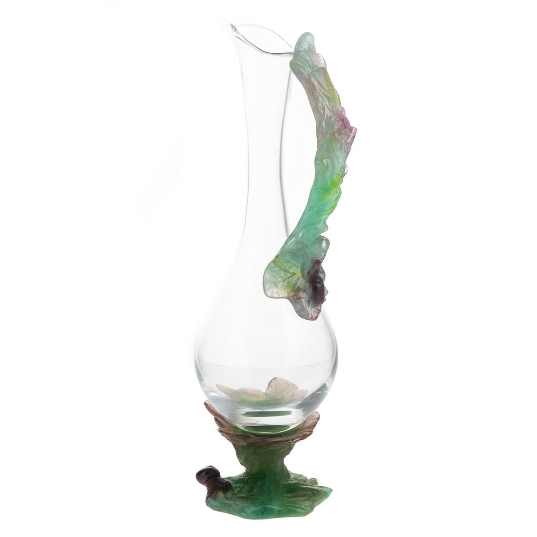 Daum France Pate De Verre/Clear Glass Ewer: Clear glass bulbous body with pate de verre handle and base, 15 1/2 in. H.
