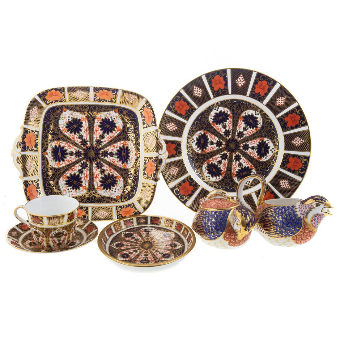 Royal Crown Derby, Old Imari Partial Dinner Set: 41 pieces, comprising; soup tureen, two underplates, square dish, small underplate, 12 dinner plates, 12 teacups, 12 saucers and a Quail creamer and sugar bowl in Imari enamels.
