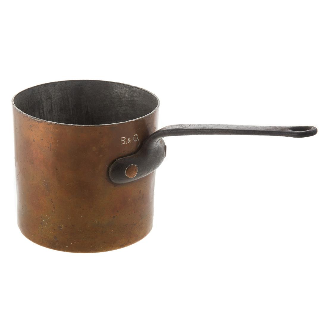 B & O Railroad Copper & Iron Cooking Pot: Early 20th century; by Barth & Son, New York, cylindrical copper pot with wrought iron handle, impressed "B. & O.," 5 1/2 in. H., 6 in. Diam., 12 3/4 in. L.