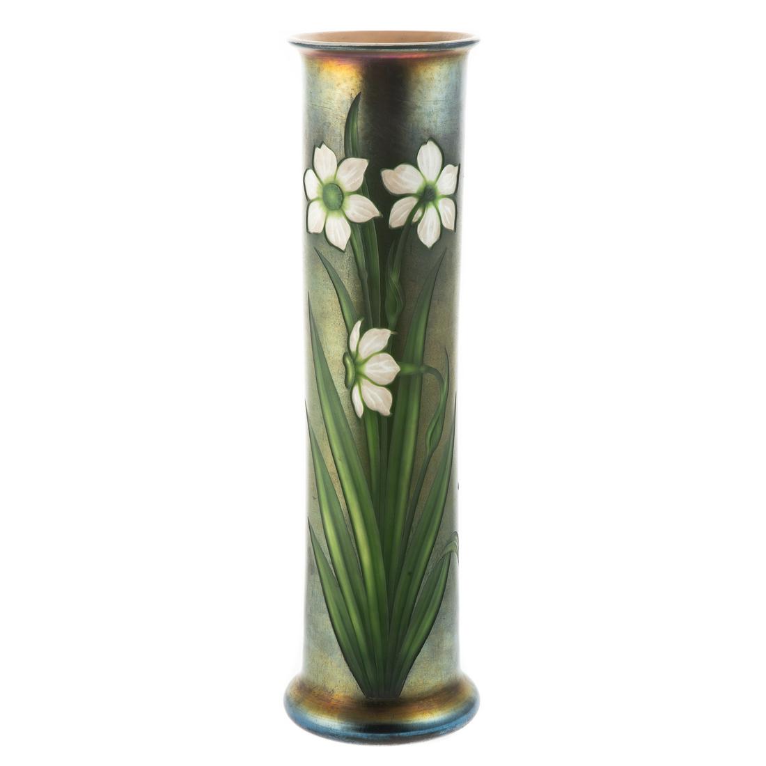 Tiffany Favrile Intaglio Cylinder Glass Vase: Early 20th century; blue/green lustre ground with with cut flower decoration, inscribed "L.C. Tiffany Favrile 2447 J,"16 in. H., 4 3/4 in. Diam.